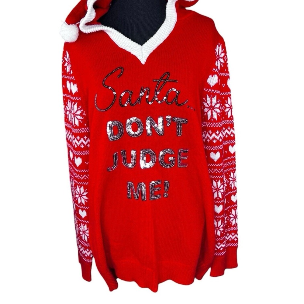 Ugly Sweater Womensβ XXL Sequin Santa Don't Judge Me Hoodie Christmas Party EUC